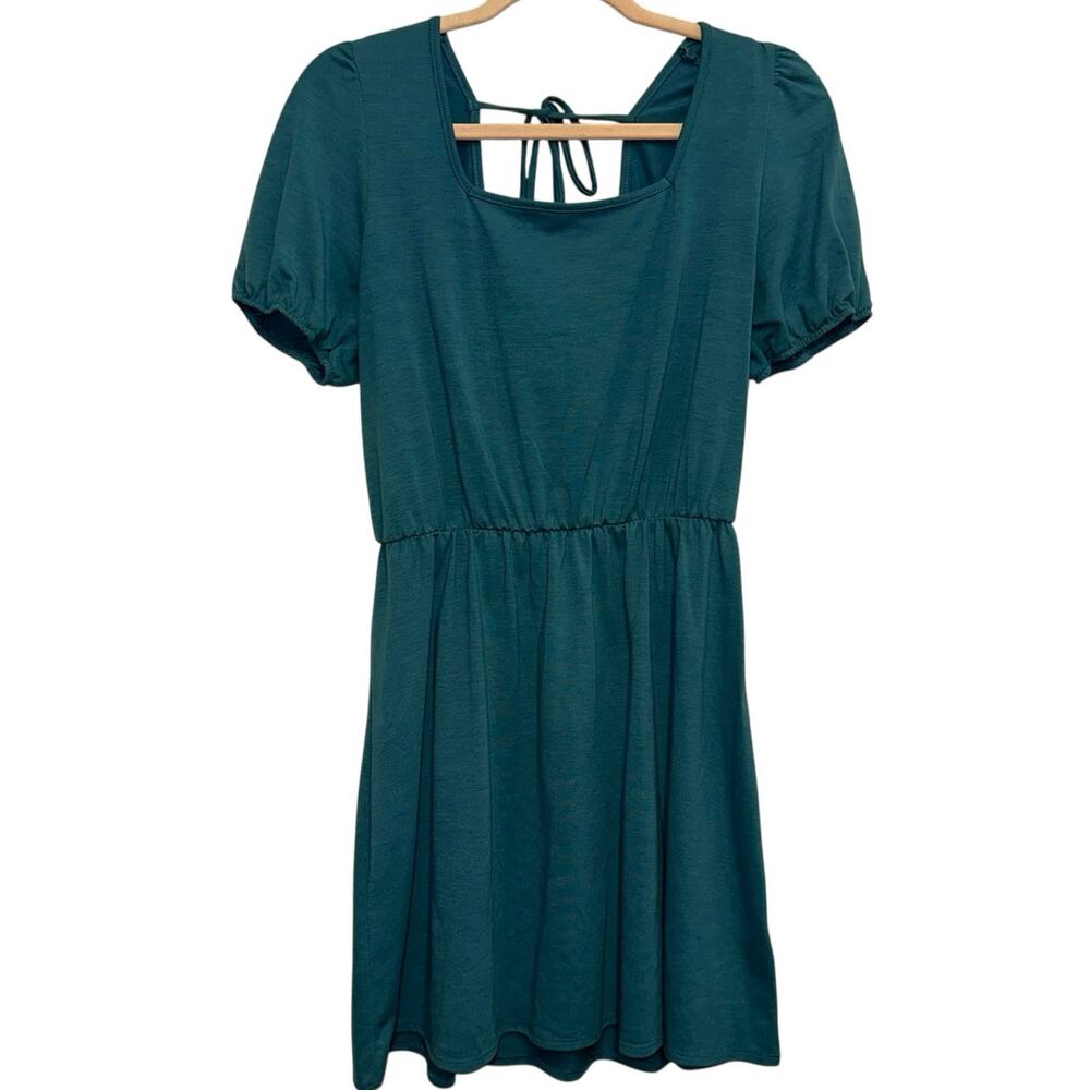 Daisy May Teal Mini Dress‎ Puff Sleeve Empire Waist Tie Back Size L Cottagecore